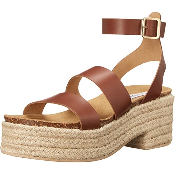 NIB Steve Madden Kelton Espadrille Platform Ankle Strap Sandal Cognac Leather - Picture 2 of 13